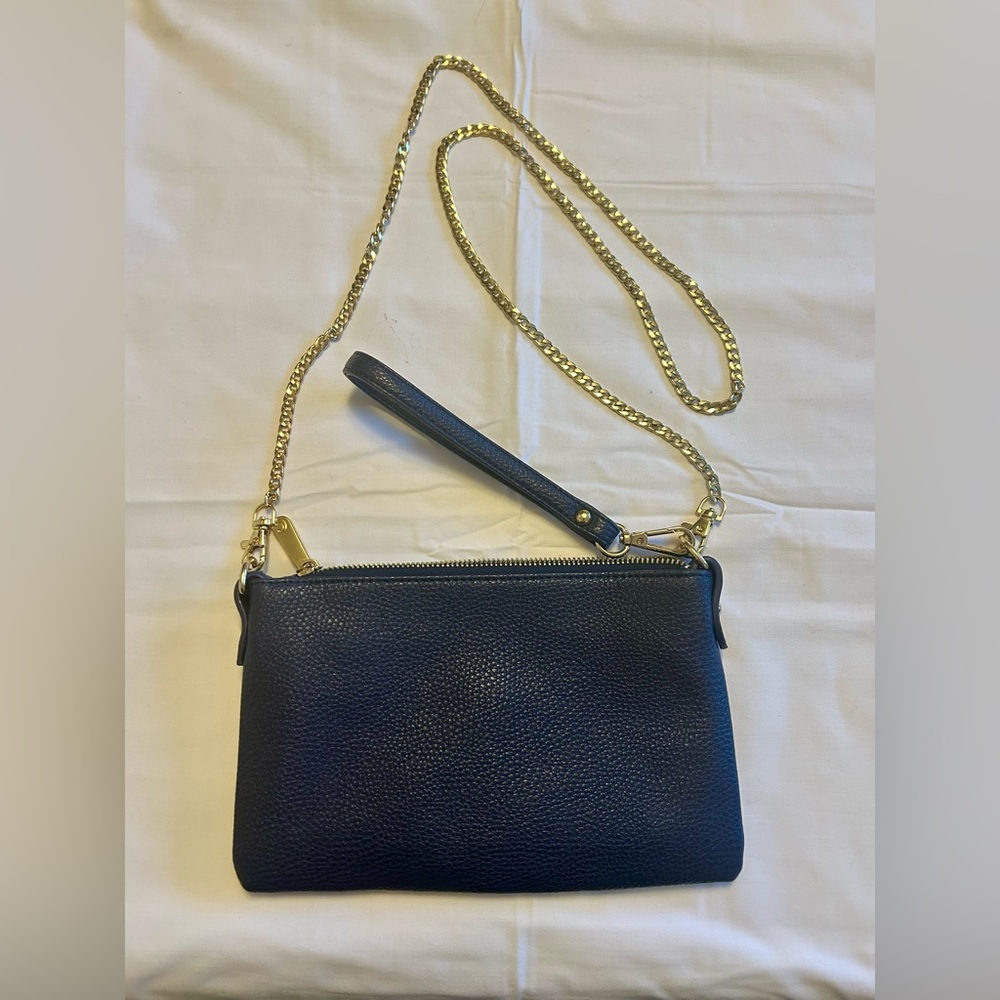 Navy Leather Crossbody with Gold Chain Strap - Women Bags